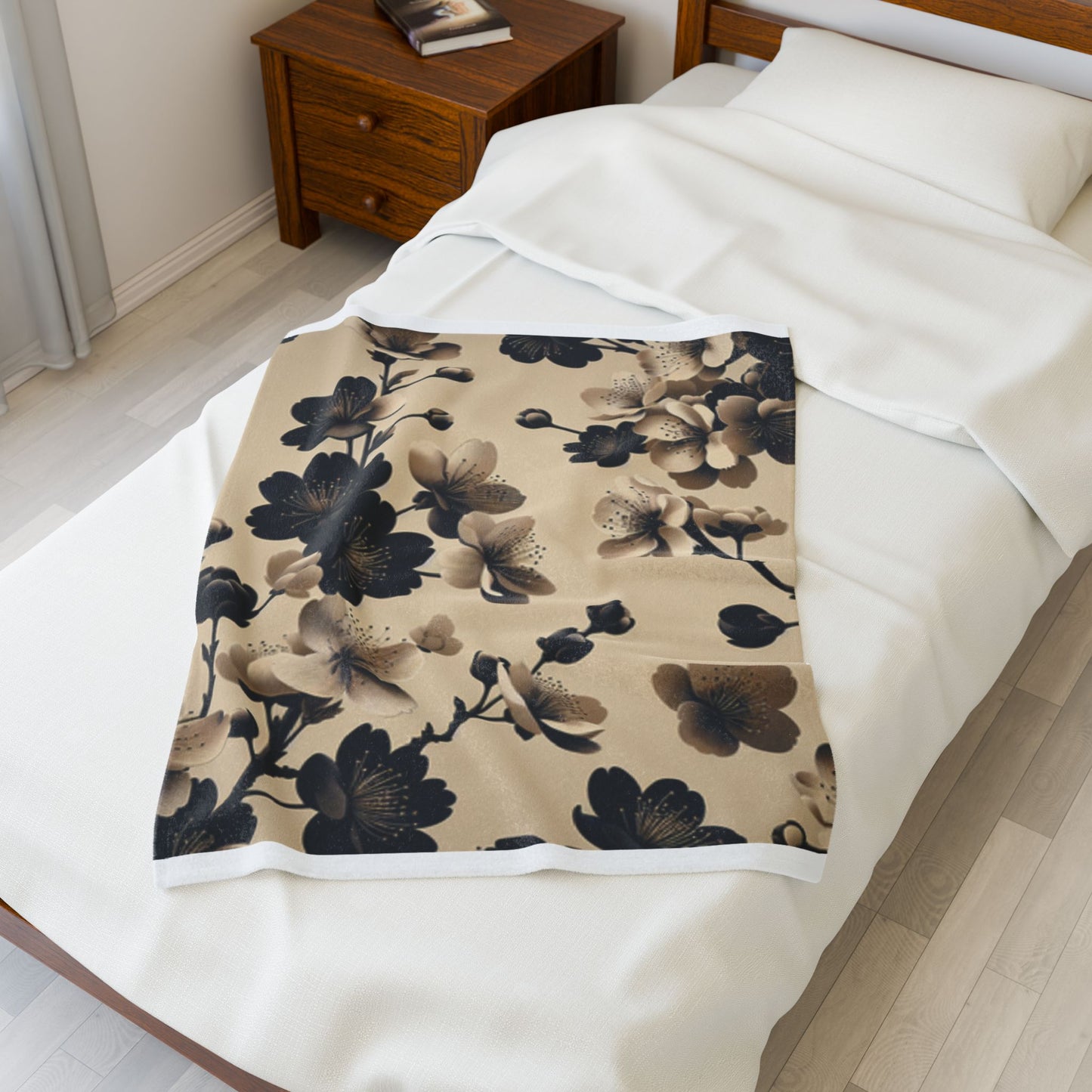 Tan and Black Cherry Blossoms- Plush Blanket