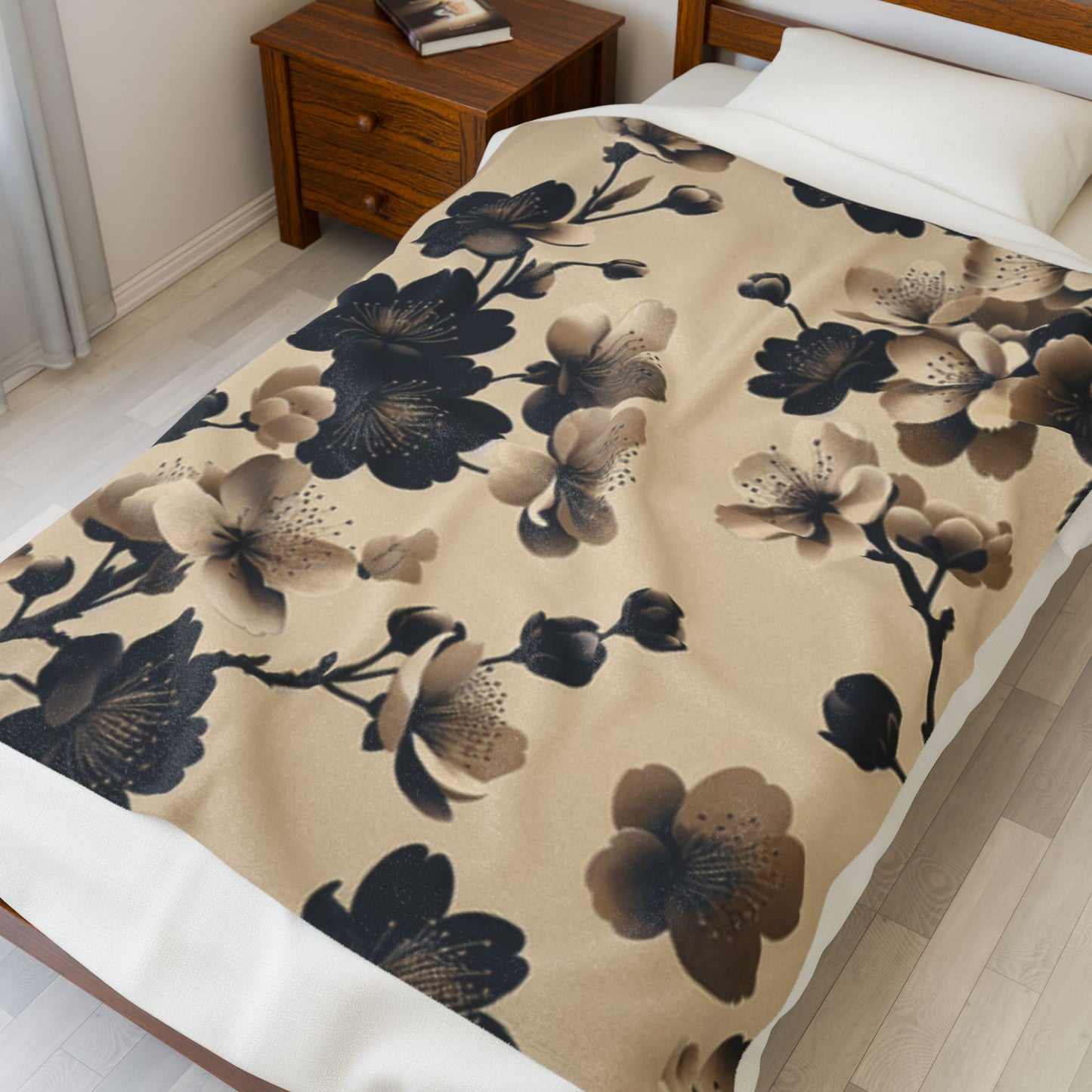 Tan and Black Cherry Blossoms- Plush Blanket