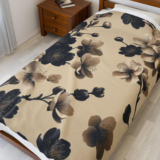 Tan and Black Cherry Blossoms- Plush Blanket