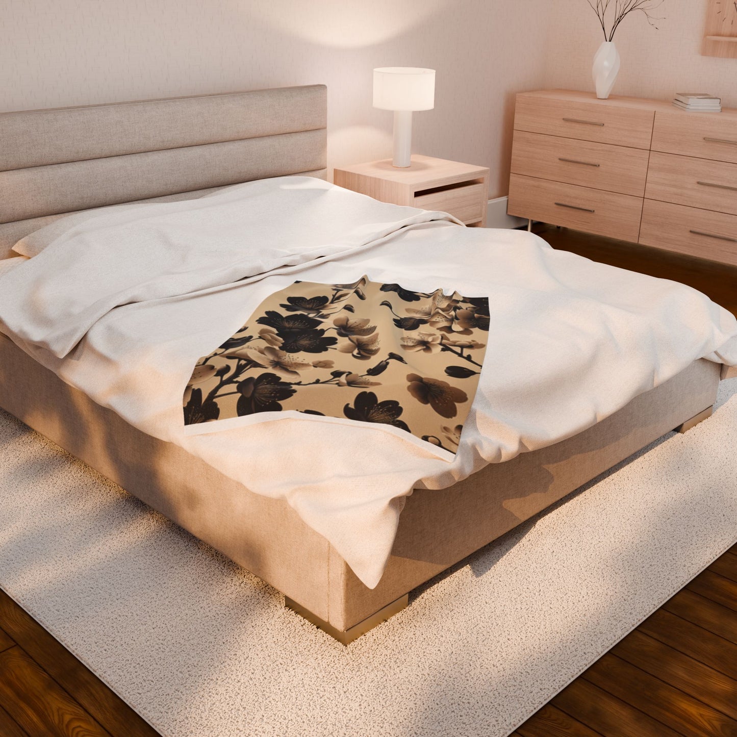 Tan and Black Cherry Blossoms- Plush Blanket