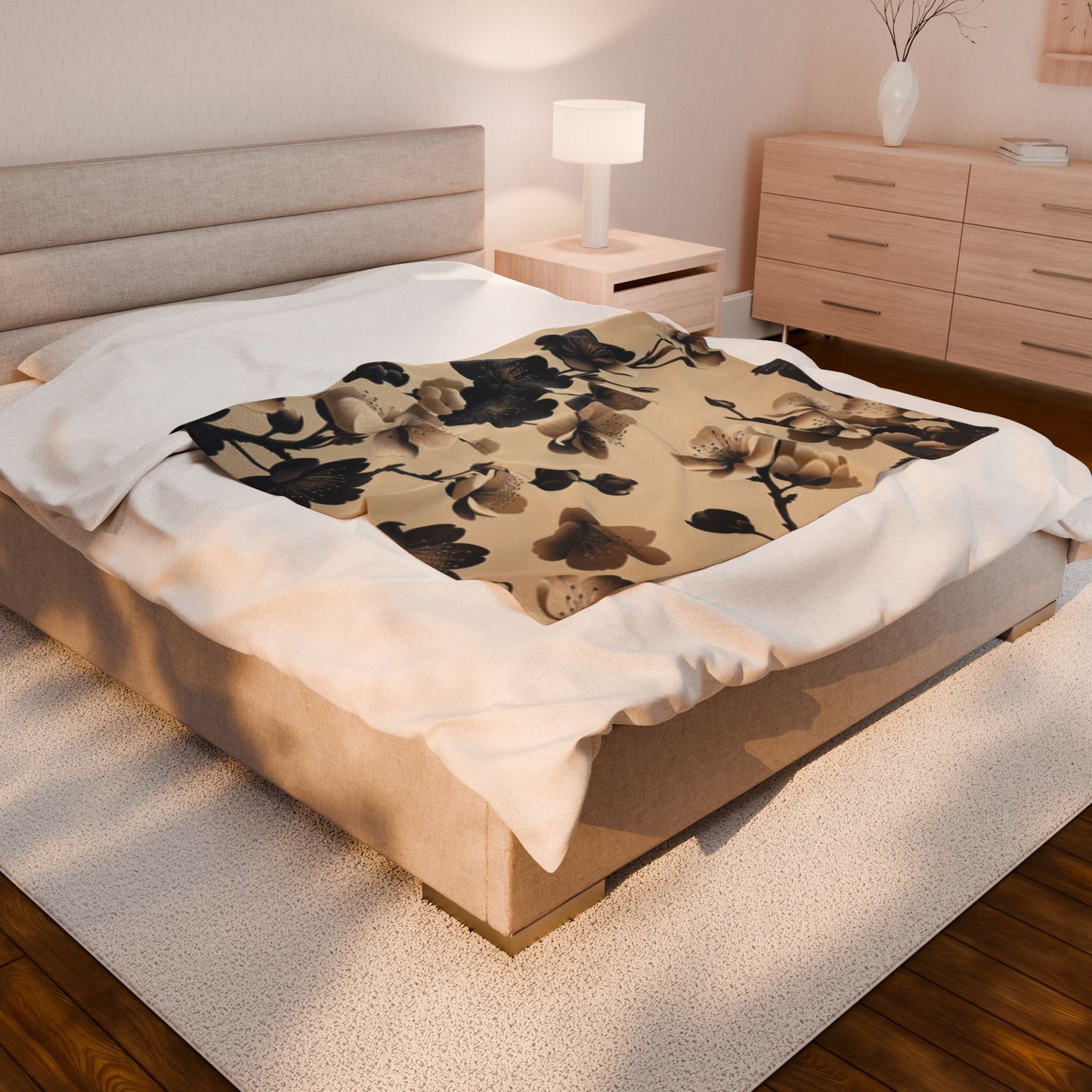 Tan and Black Cherry Blossoms- Plush Blanket