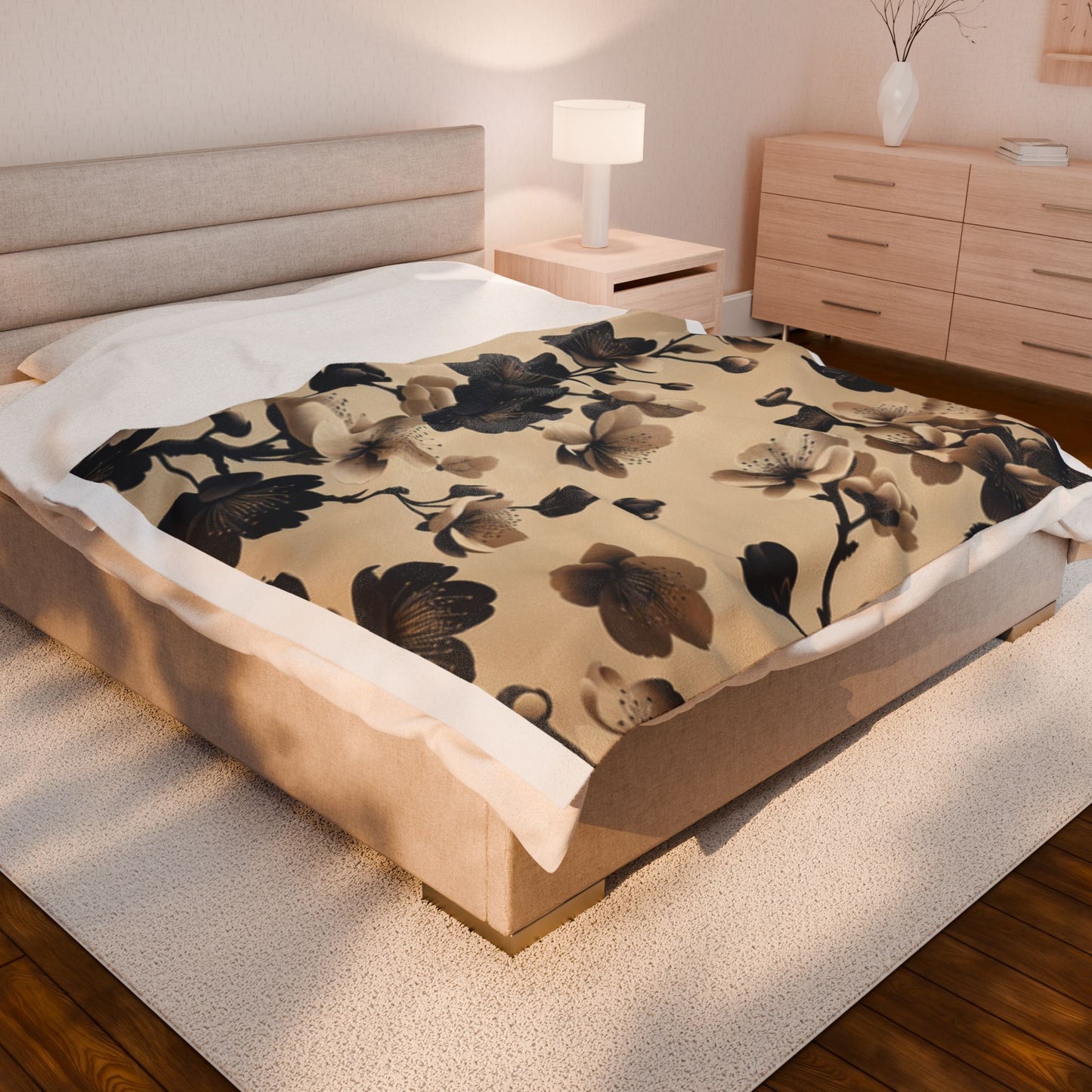 Tan and Black Cherry Blossoms- Plush Blanket